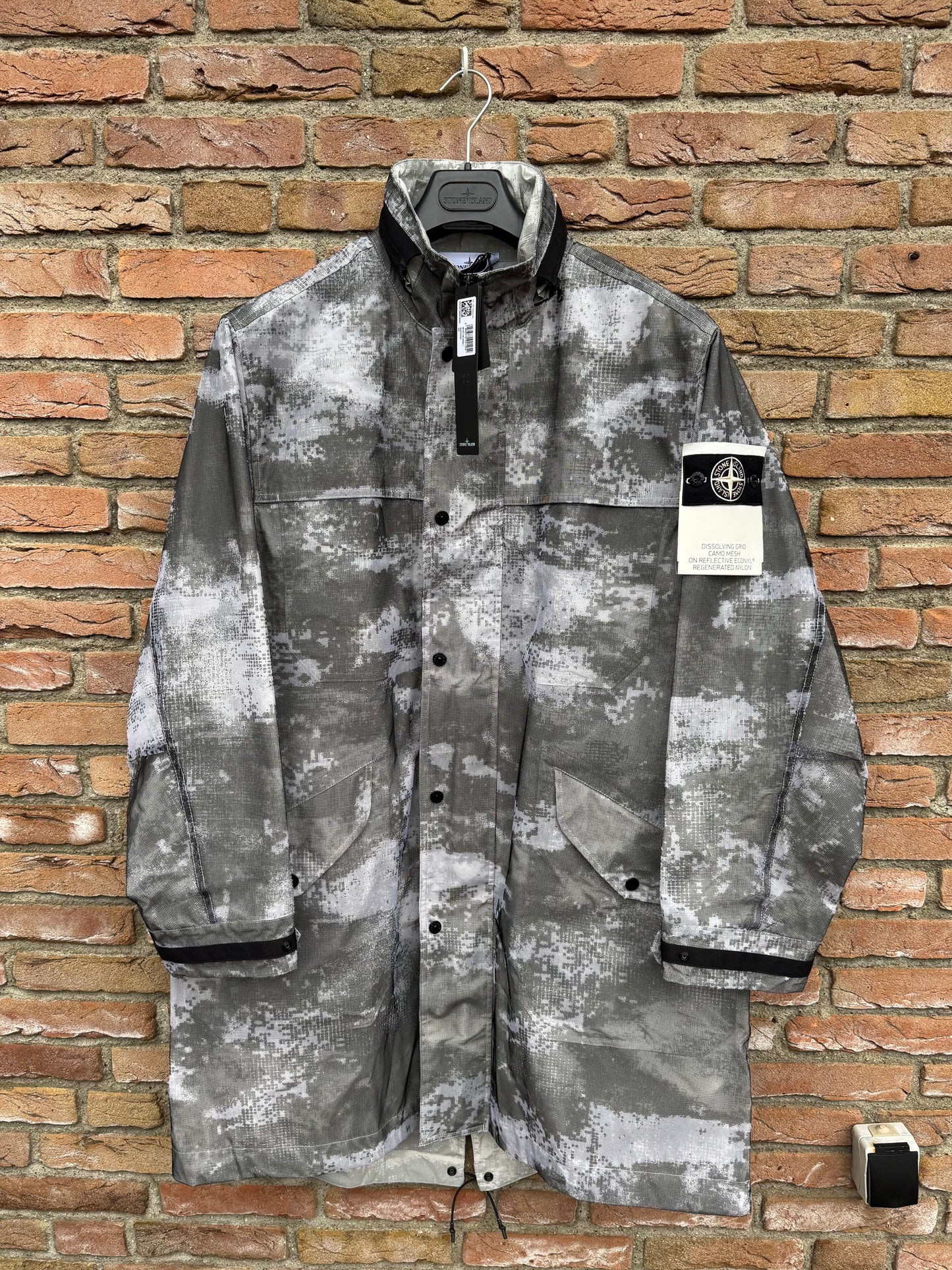 Stone Island Dissolving Grid Camo Mesh on Reflective Parka - L
