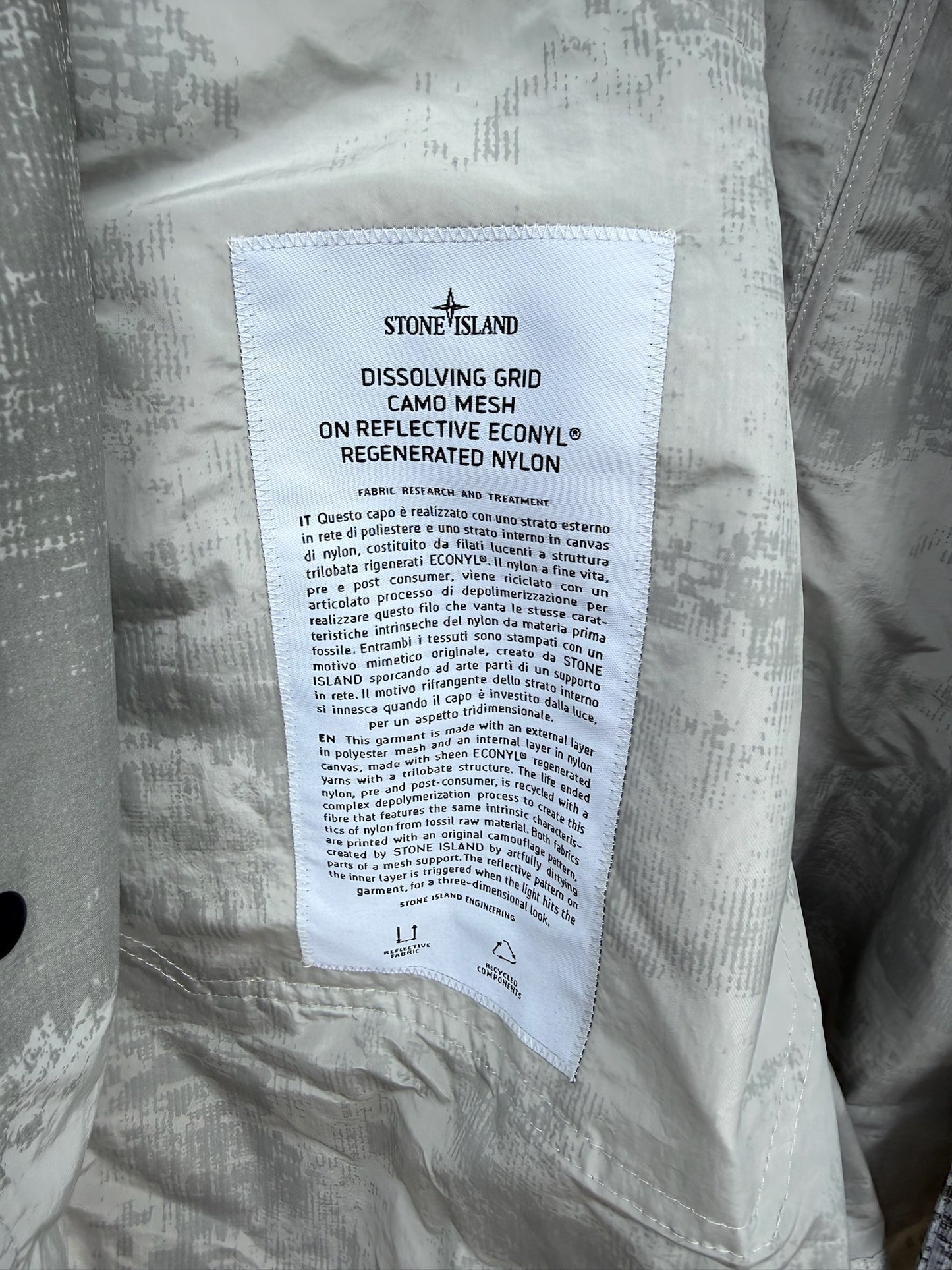 Stone Island Dissolving Grid Camo Mesh on Reflective Nylon Jacket - M